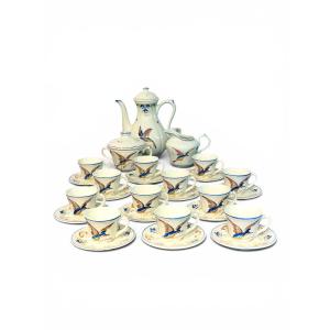 Moustiers " Cléry ", French Faience Hand-painted Tea / Coffee Service, 27 Pieces