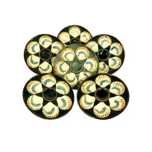Set Of Six Longchamp Majolica Oyster Plates, France Circa 1890