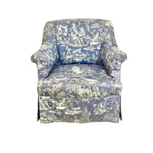 Bergère Armchair In Blue Toile De Jouy Upholstery, France 19th Century
