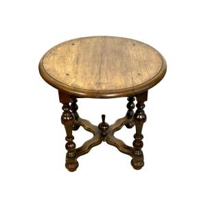 Solid Oak Country Round Gueridon Side Table, France 19th Century