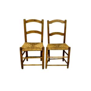 Pair Of 19th Century French Provincial Oak Rush Seat Chairs