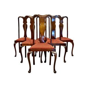 Set Of Six English Georgian Walnut Dining Chairs, 19th Century