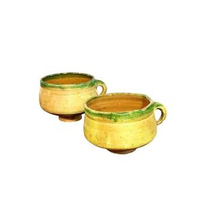 Pair Of 18th Century French Provincial Glazed Terracotta Bowls With Handle