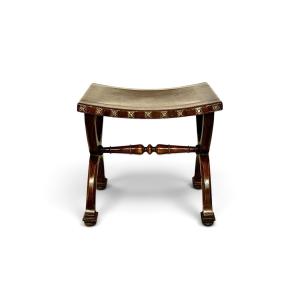 Tabouret Curule Néo-Renaissance en hêtre et cuir, France vers 1890