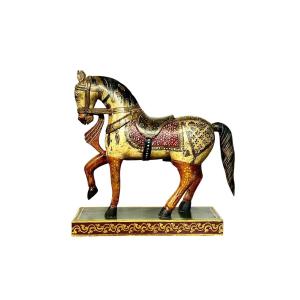 Indian Polychrome And Gilt Carved Wooden Ceremonial Horse, Circa 1950