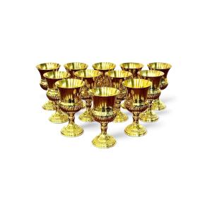Service de 12 verres sur pied en argent sur cuivre doré, vers 1960