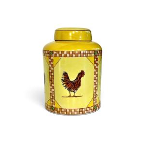 Hand-painted Yellow Ceramic Jar With Rooster Decoration, Mid-20th Century