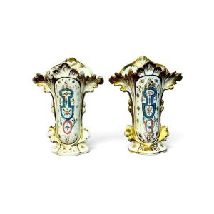 Pair Of French Napoleon III Porcelain Vases With Gilt Decoration, 19th C.