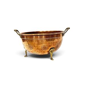 19th Century French Copper Colander With Brass Handles And Feet English