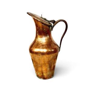 Large Antique Copper Lidded Pitcher With Curved Handle