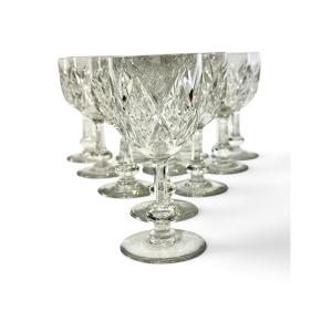 Set Of 11 Baccarat Burgos Cut Crystal Stemmed Glasses, France
