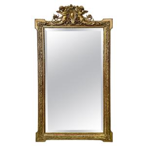 Large Napoleon III-style Mirror In Gilded Wood With Cherubs And A Coat Of Arms, Circa 1870