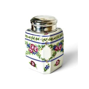 French Limoges Porcelain Tea Caddy With Sterling Silver Lid, Circa 1900