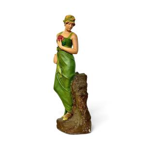 Grande sculpture Art nouveau en plâtre polychrome, femme à la rose, vers 1900