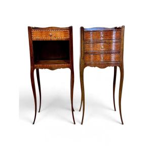 Pair Of 19th Century French Louis XV Compass Rose Marquetry Nightstands
