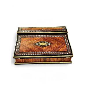 Écritoire Napoléon III du XIXe siècle en marqueterie avec encriers