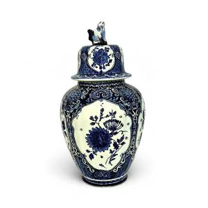 Belgian Boch Delft Blue And White Floral Lidded Ginger Jar, Circa 1920