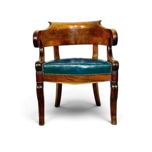 French Restoration Walnut Gondola Armchair, Circa 1820