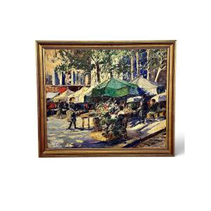French Flower Market Painting, Oil On Canvas Signed H. Stauder, 20th Century