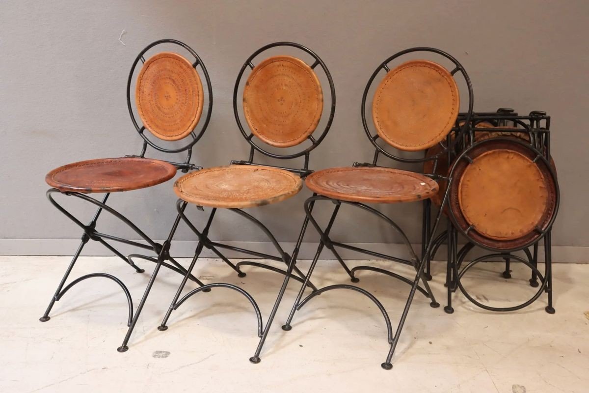Lot De 6 Chaises Pliantes Cuir Et Fer Forgé