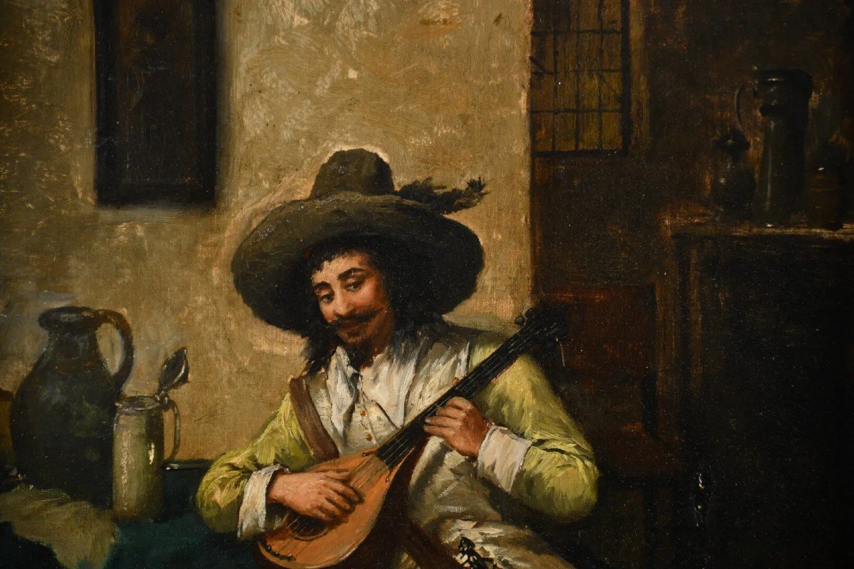 Huile Sur Toile "troubadour à La Mandoline" De J.Dumond-photo-2