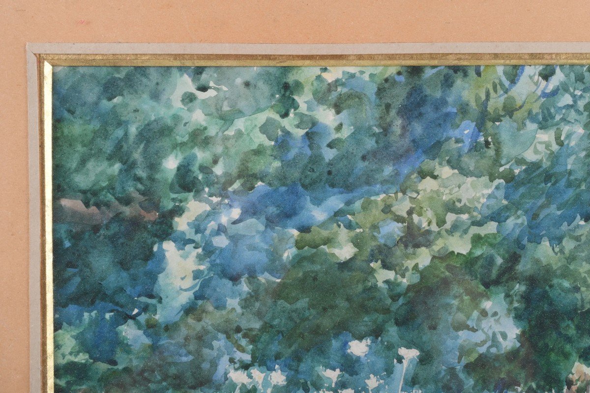 "woman In The Garden" Watercolor On Paper Attributed To Louis Adolphe Tessier-photo-1