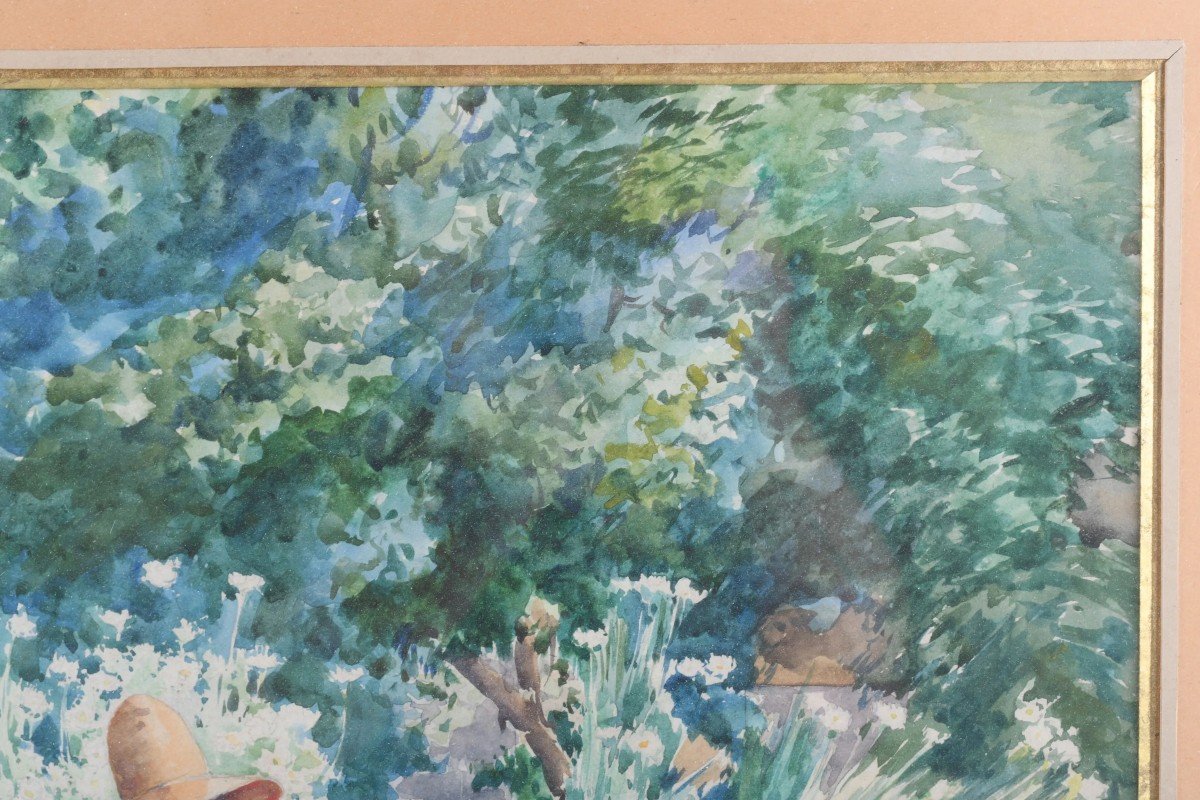 "woman In The Garden" Watercolor On Paper Attributed To Louis Adolphe Tessier-photo-6