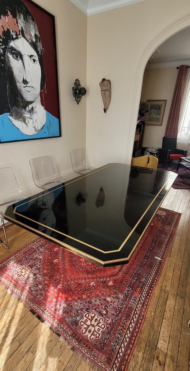 Grande Table Laque Et Laiton De J.c Mahey-photo-2