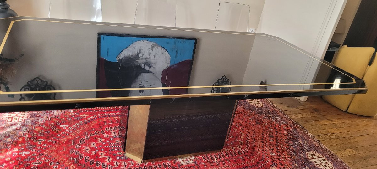 Grande Table Laque Et Laiton De J.c Mahey-photo-8