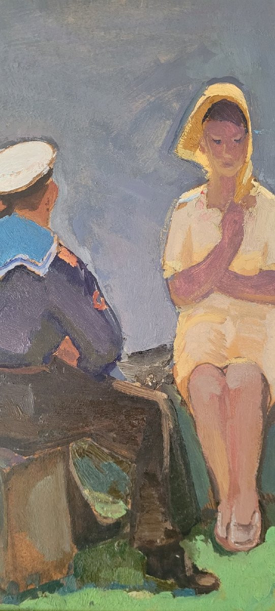 Painting On Cardboard "the Sailor And His Bride" Russian School-photo-5