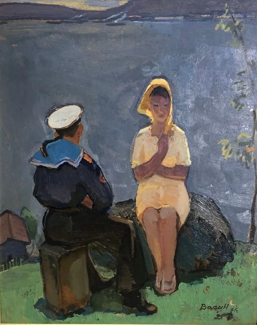 Painting On Cardboard "the Sailor And His Bride" Russian School