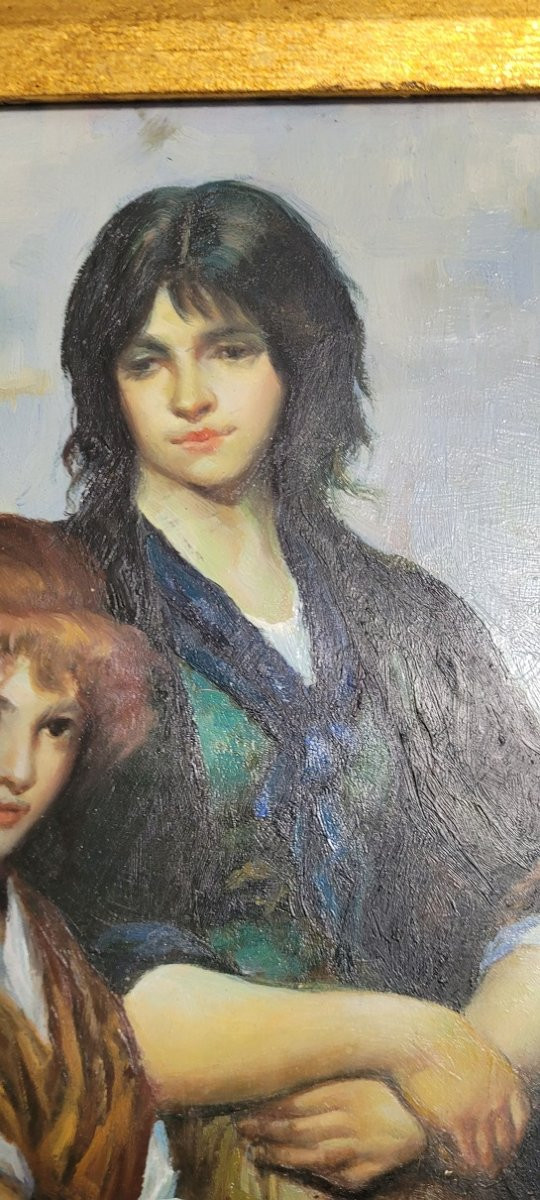 Peinture sur panneau "Deux Jeunes Filles " -photo-3