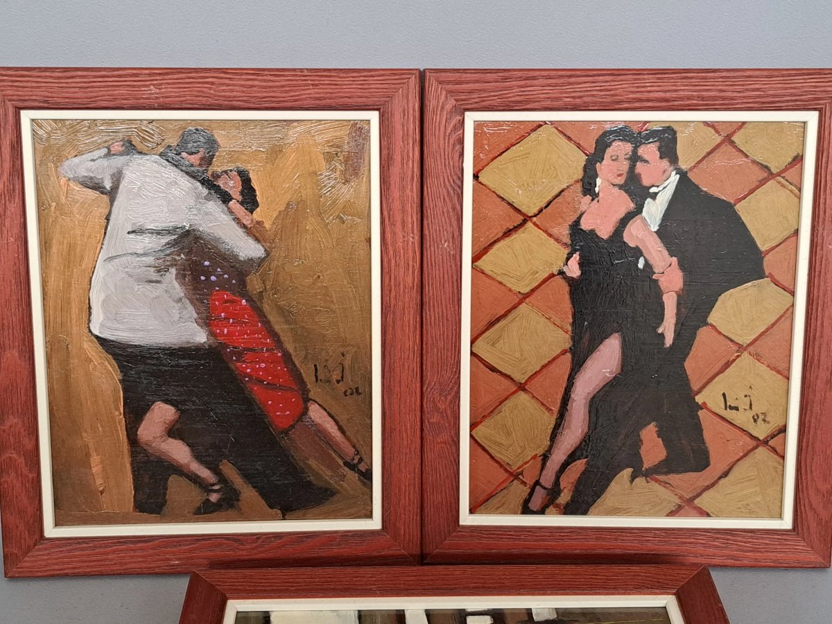 Set Of 3 Oils On Isorel "bar And Tango" By Jorge Luis (20th Century)-photo-2