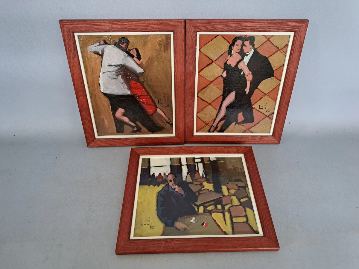 Set Of 3 Oils On Isorel "bar And Tango" By Jorge Luis (20th Century)