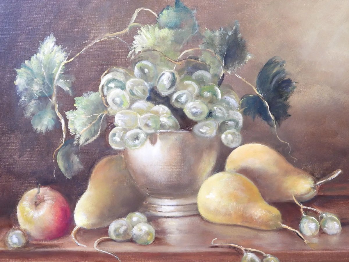 Oil On Canvas "still Life With Pears And Grapes" By Laurent-photo-2