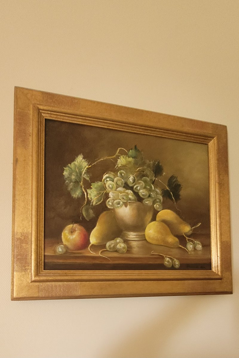 Oil On Canvas "still Life With Pears And Grapes" By Laurent-photo-2