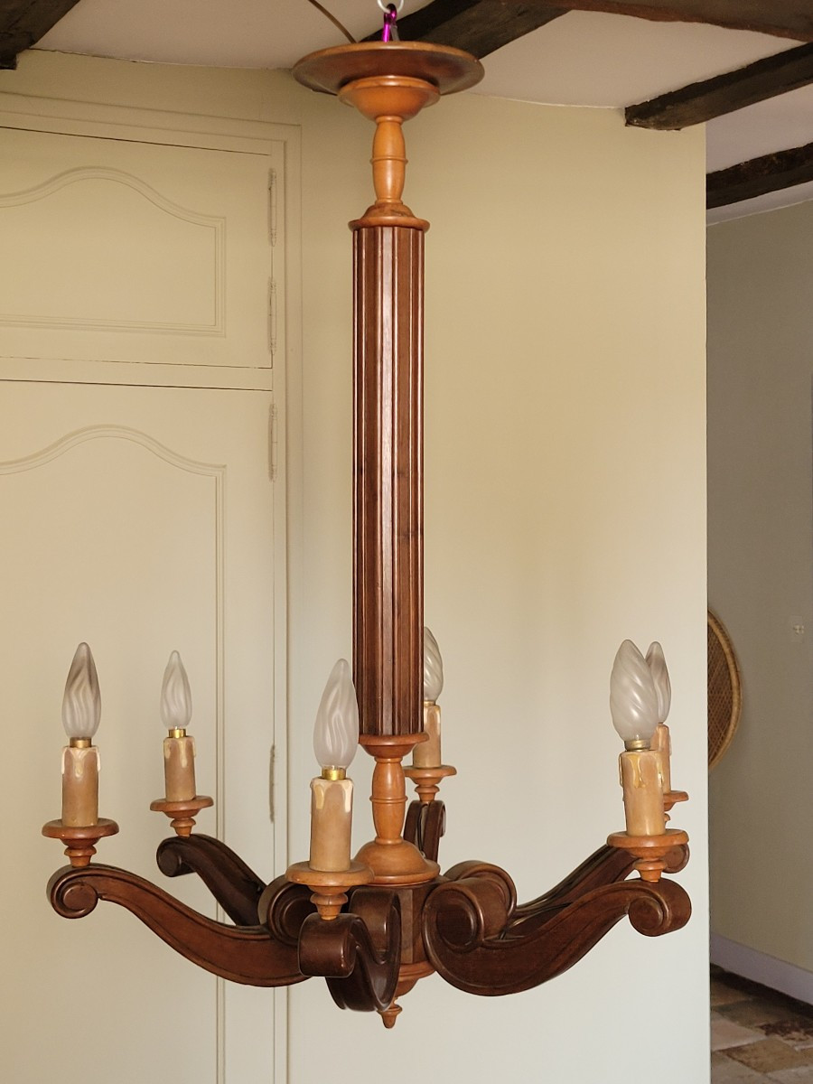 Large Six-light Fruitwood Chandelier