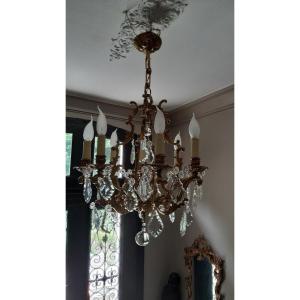 Lustre Bronze Et Cristal à 8 Feux
