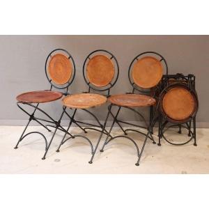 Lot De 6 Chaises Pliantes Cuir Et Fer Forgé