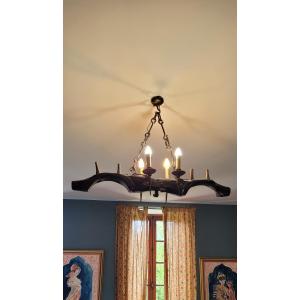 Wooden And Wrought Iron Billiard Pendant Light