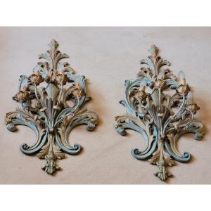 Grande paire d’appliques bois sculpté 