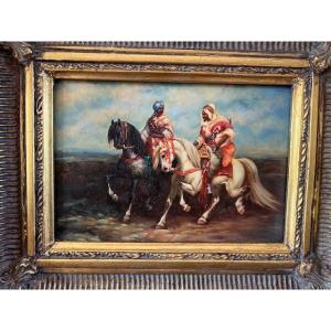 Huile sur panneau "Cavaliers arabes"