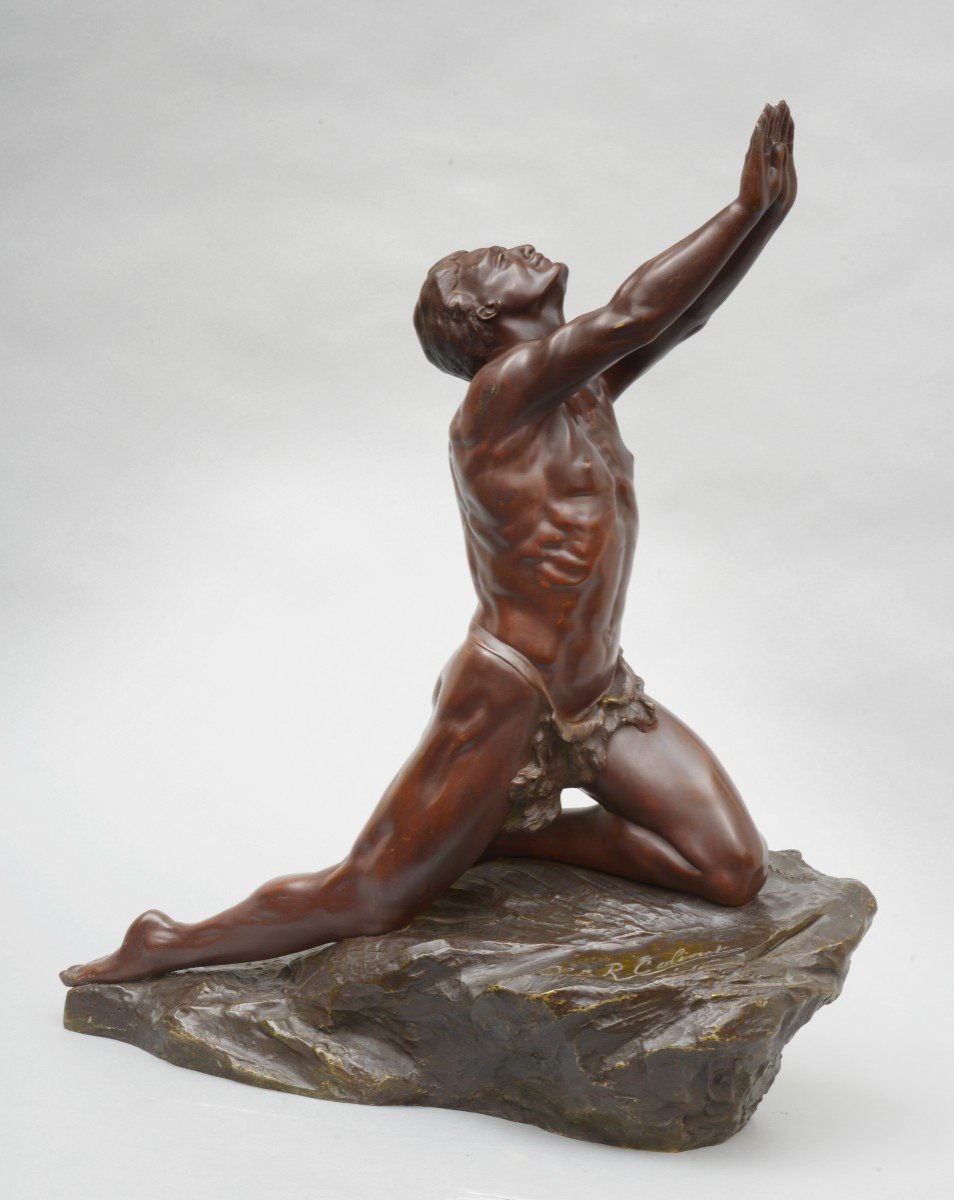 Bronze Sculpture "imploration" By Claire Jeanne Colinet, Ca 1925