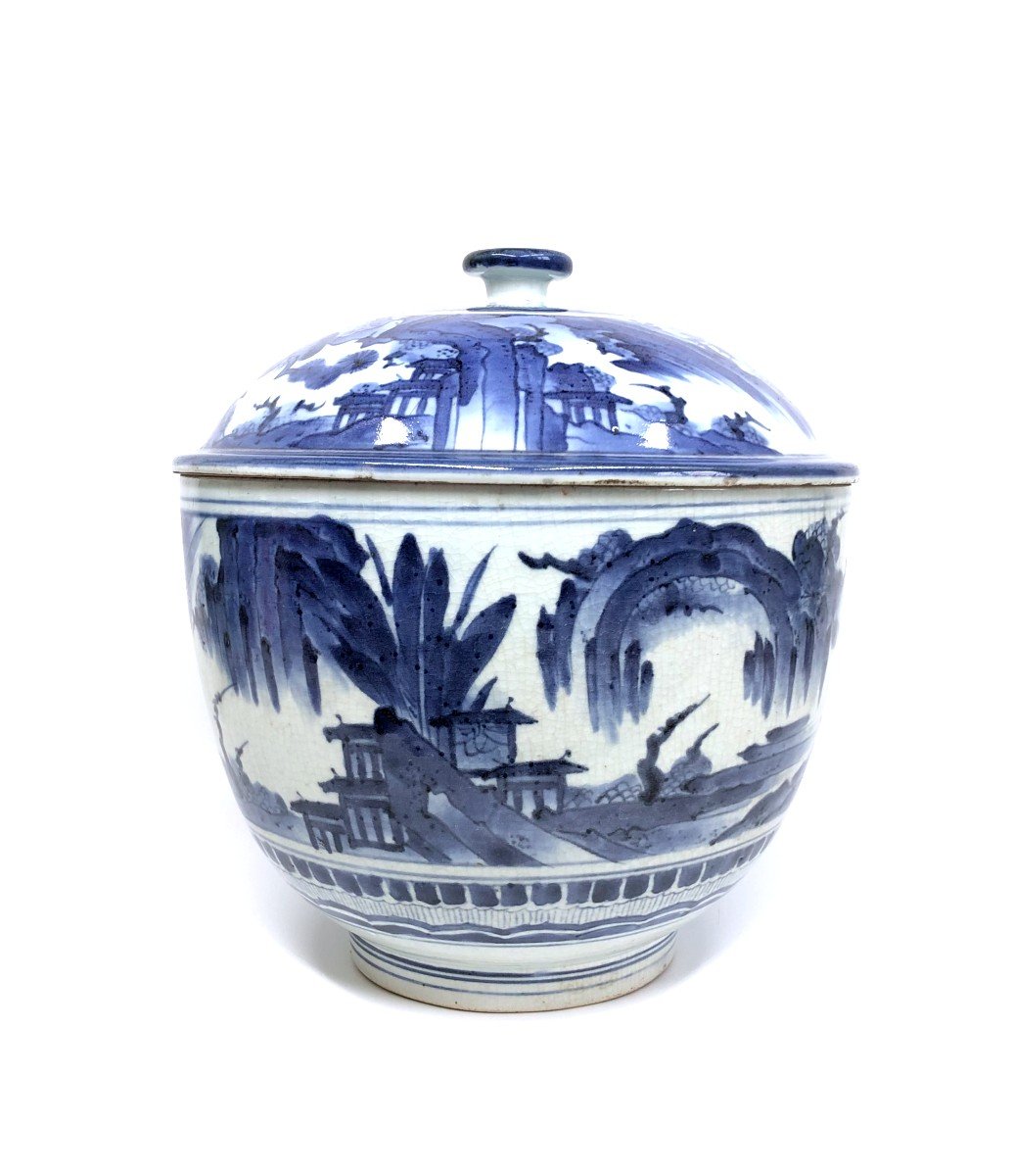 Large Arita Blue And White Covered Bowl Japan Edo-photo-2
