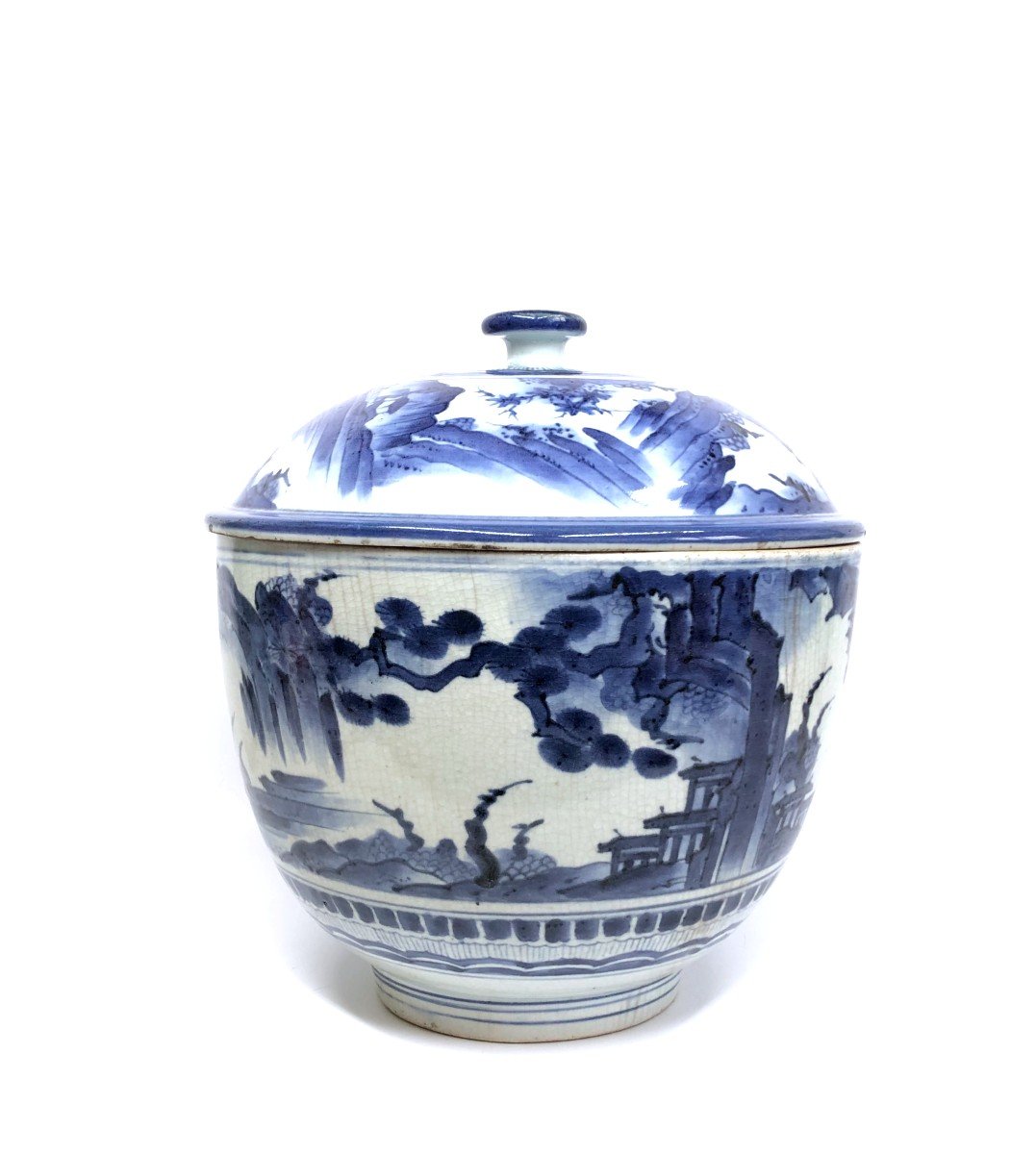 Large Arita Blue And White Covered Bowl Japan Edo-photo-3
