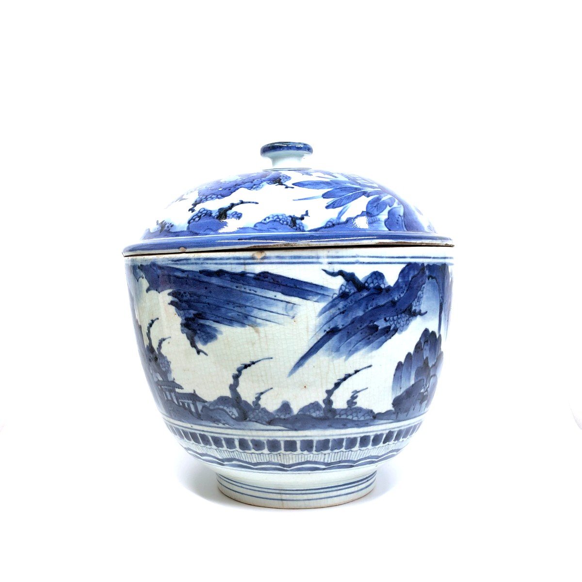 Grand Pot Couvert Arita Bleu Et Blanc Japon Edo-photo-4