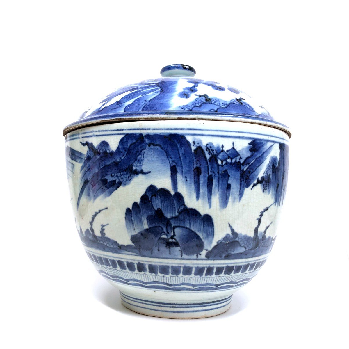 Large Arita Blue And White Covered Bowl Japan Edo-photo-1