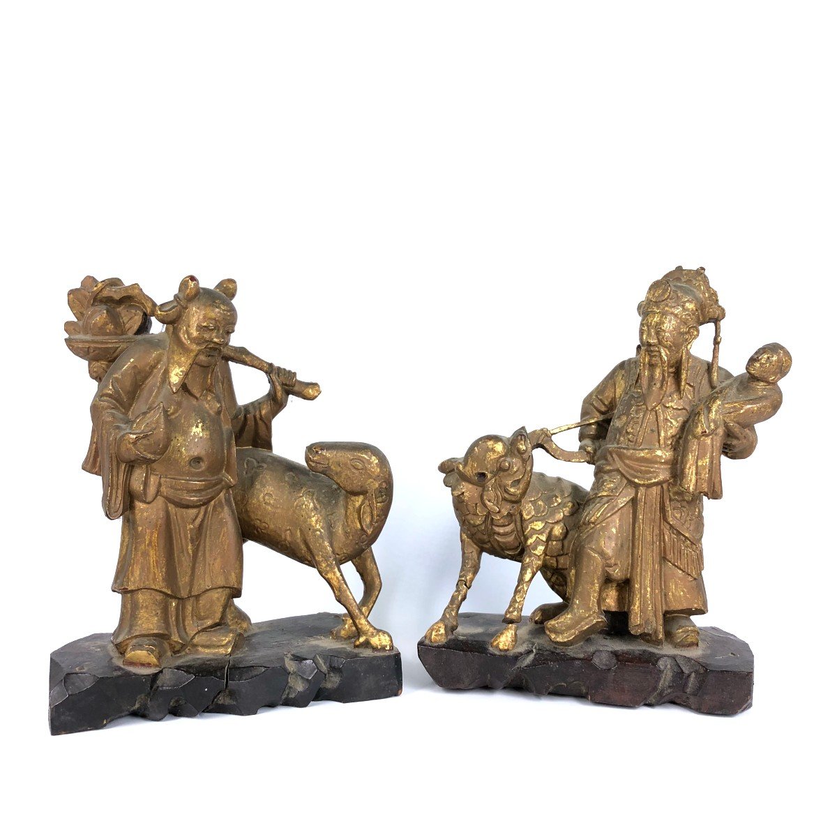 Pair Of Antique Chinese Wooden Sculptures Asia Chine