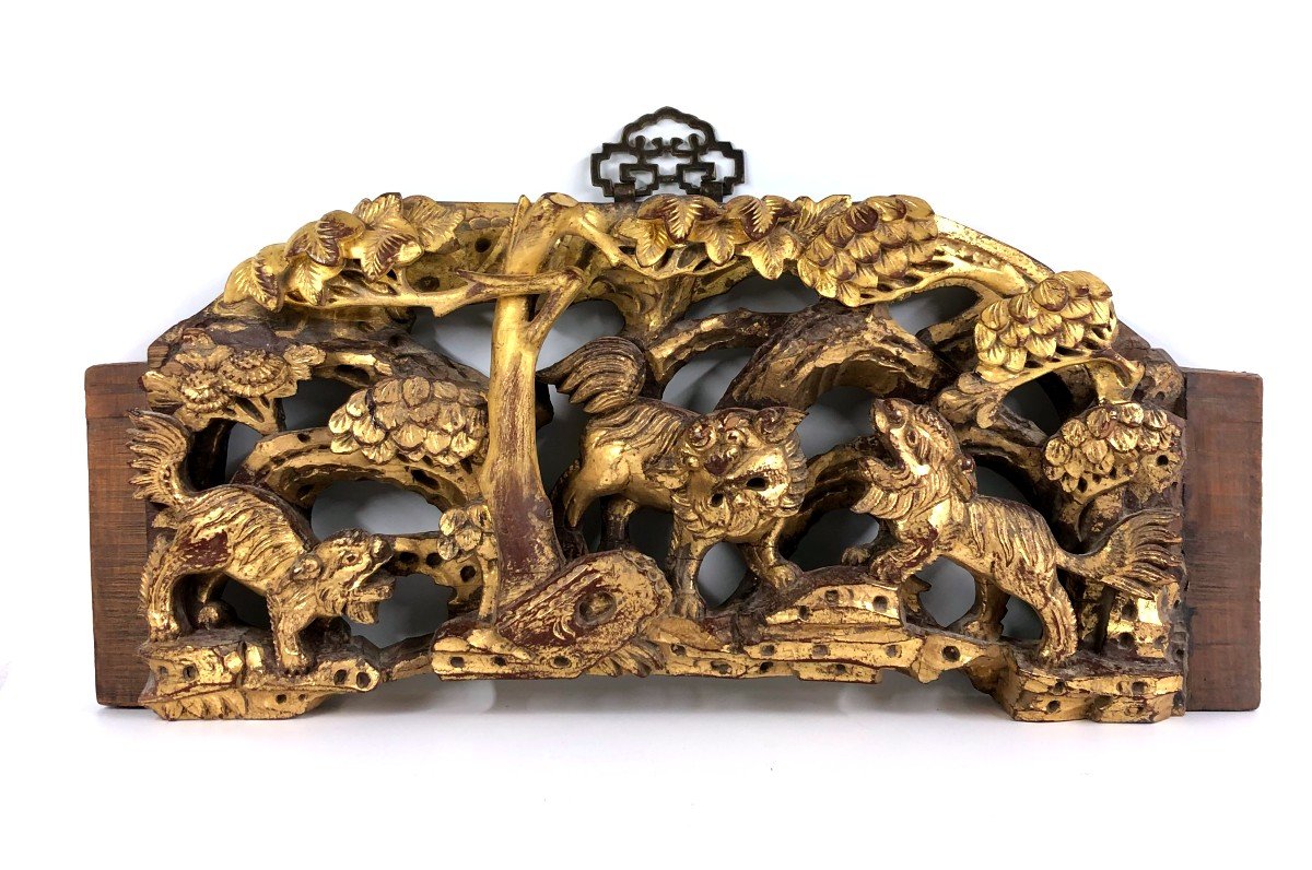 High-relief Carved Golden Wood Panels Chaozhou China Qilin-photo-2