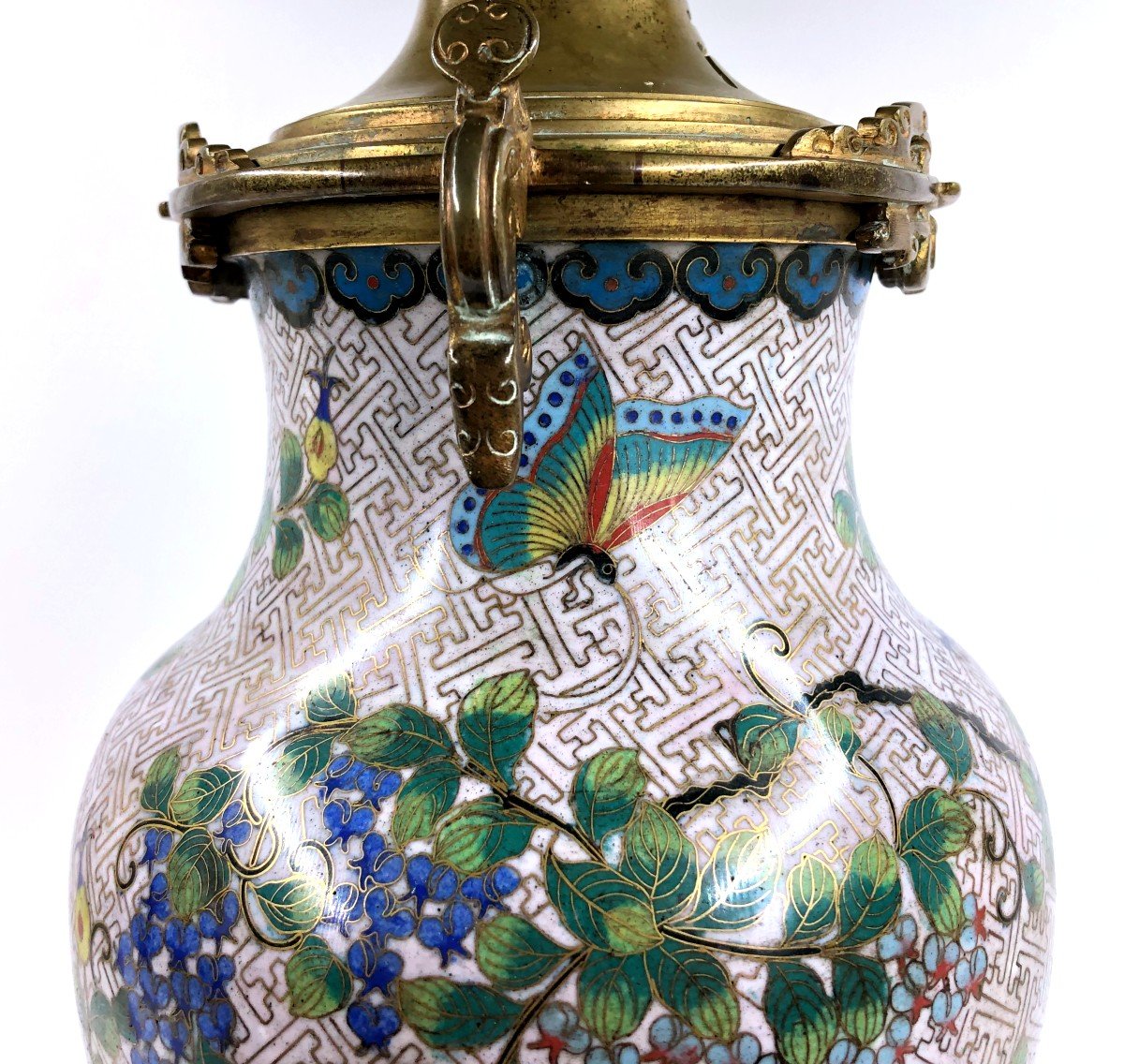 Chinese Cloisonne Baluster Vase Lamp Base Bronze Mount-photo-4